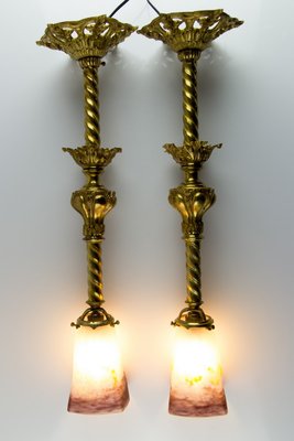 Art Glass and Gilt Bronze Pendant Lamps from Muller Strasbourg, 1920s, Set of 2-KEG-547370