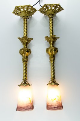 Art Glass and Gilt Bronze Pendant Lamps from Muller Strasbourg, 1920s, Set of 2-KEG-547370