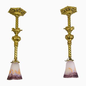 Art Glass and Gilt Bronze Pendant Lamps from Muller Strasbourg, 1920s, Set of 2-KEG-547370