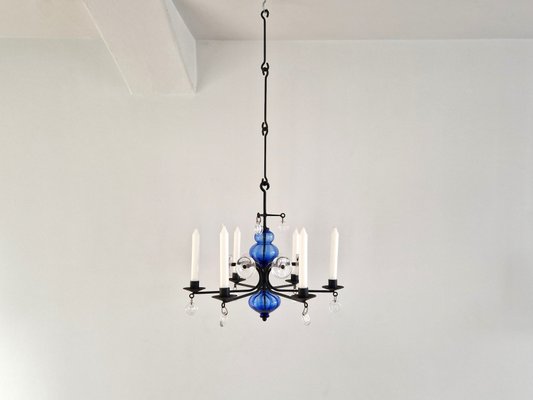 Art Glass and Wrought Iron Chandelier by Erik Höglund for Boda, 1960s-NV-1765234