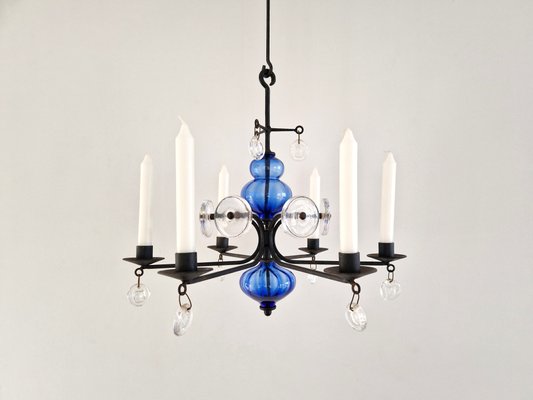 Art Glass and Wrought Iron Chandelier by Erik Höglund for Boda, 1960s-NV-1765234