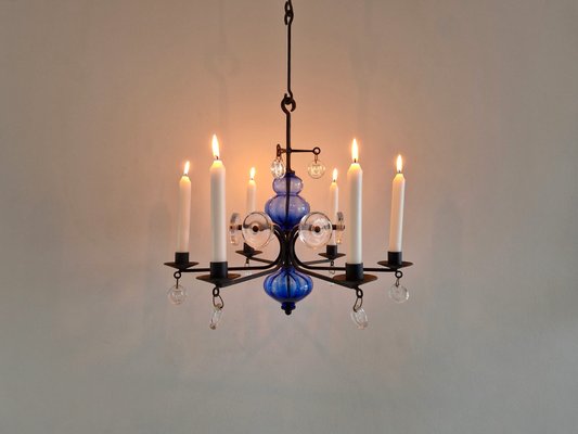 Art Glass and Wrought Iron Chandelier by Erik Höglund for Boda, 1960s-NV-1765234