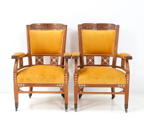 Art Nouveau Arts and Crafts Armchairs in Oak by Royal H.F. Jansen & Zonen Amsterdam, Set of 2-MY-1344384