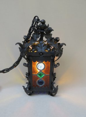 Art Nouveau Arts & Crafts Wrought Iron & Colored Lead Glazing Ceiling Light-EY-920127