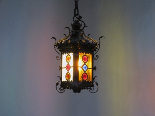 Art Nouveau Arts & Crafts Wrought Iron & Colored Lead Glazing Ceiling Light-EY-920127