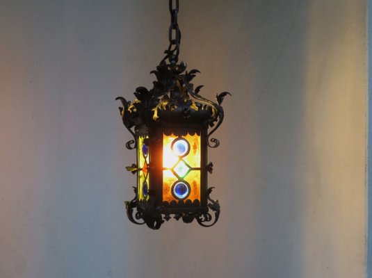 Art Nouveau Arts & Crafts Wrought Iron & Colored Lead Glazing Ceiling Light-EY-920127