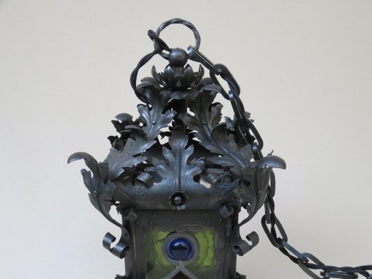 Art Nouveau Arts & Crafts Wrought Iron & Colored Lead Glazing Ceiling Light-EY-920127