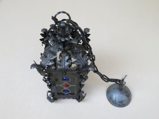 Art Nouveau Arts & Crafts Wrought Iron & Colored Lead Glazing Ceiling Light-EY-920127