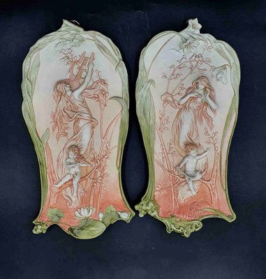 Art Nouveau Bas Relief Biscuit Plates by A Mucha, Set of 2-OZS-1360188