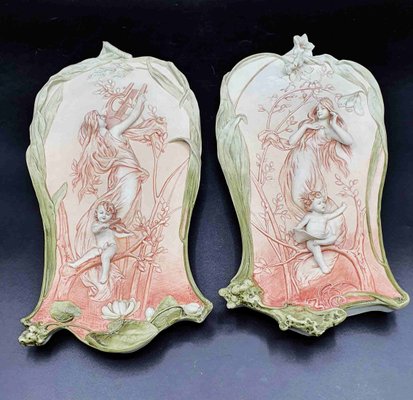 Art Nouveau Bas Relief Biscuit Plates by A Mucha, Set of 2-OZS-1360188