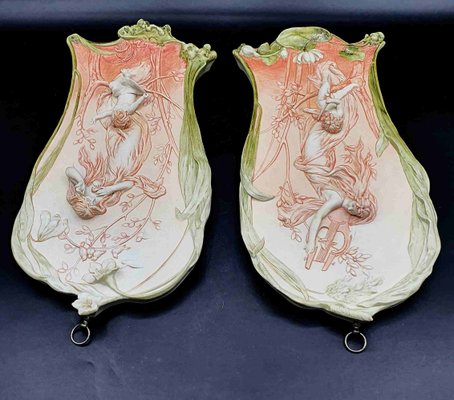 Art Nouveau Bas Relief Biscuit Plates by A Mucha, Set of 2-OZS-1360188