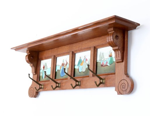 Art Nouveau Belgian Oak Wall Coat Rack with Tiles, 1900s-MY-1005567