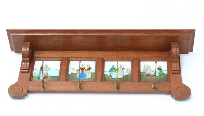 Art Nouveau Belgian Oak Wall Coat Rack with Tiles, 1900s-MY-1005567