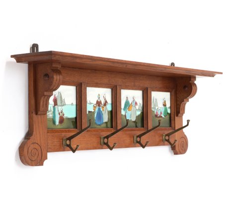 Art Nouveau Belgian Oak Wall Coat Rack with Tiles, 1900s-MY-1005567