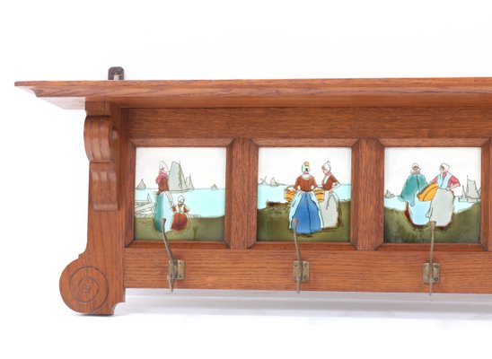 Art Nouveau Belgian Oak Wall Coat Rack with Tiles, 1900s-MY-1005567