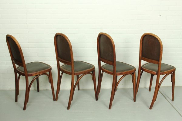 Art Nouveau Bentwood and Leather Dining Room Chairs from Fischel, 1910s, Set of 4-ZA-1409186