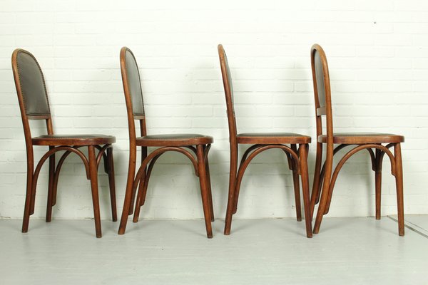 Art Nouveau Bentwood and Leather Dining Room Chairs from Fischel, 1910s, Set of 4-ZA-1409186