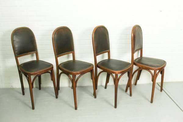 Art Nouveau Bentwood and Leather Dining Room Chairs from Fischel, 1910s, Set of 4-ZA-1409186