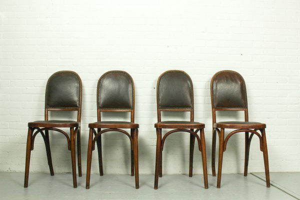 Art Nouveau Bentwood and Leather Dining Room Chairs from Fischel, 1910s, Set of 4-ZA-1409186