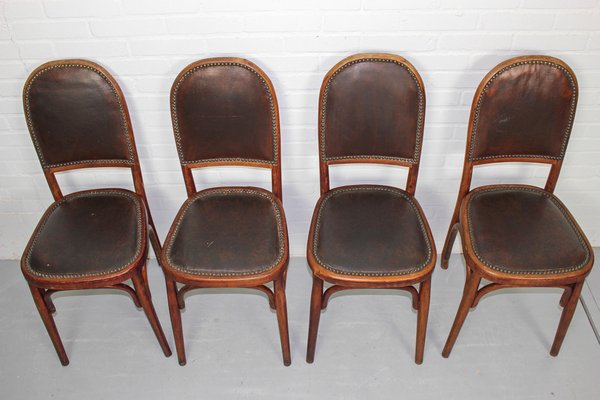 Art Nouveau Bentwood and Leather Dining Room Chairs from Fischel, 1910s, Set of 4-ZA-1409186