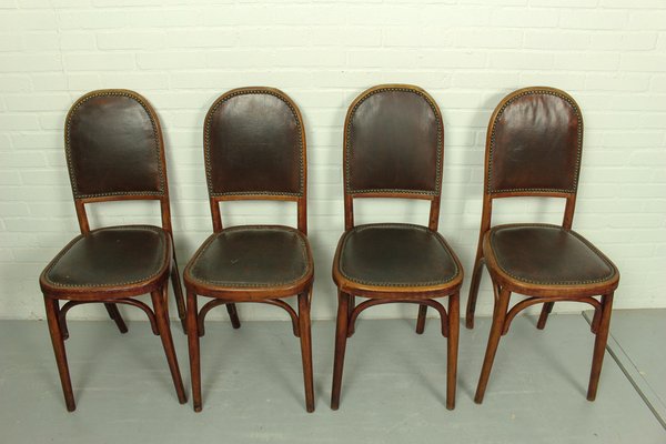 Art Nouveau Bentwood and Leather Dining Room Chairs from Fischel, 1910s, Set of 4-ZA-1409186