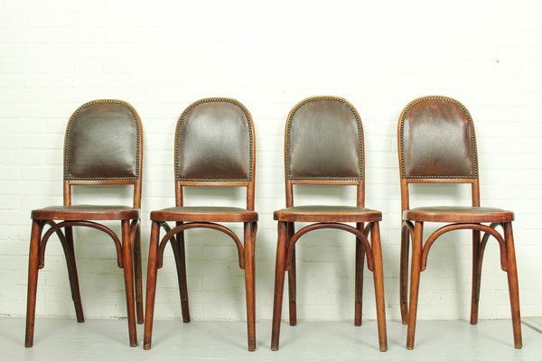 Art Nouveau Bentwood and Leather Dining Room Chairs from Fischel, 1910s, Set of 4-ZA-1409186