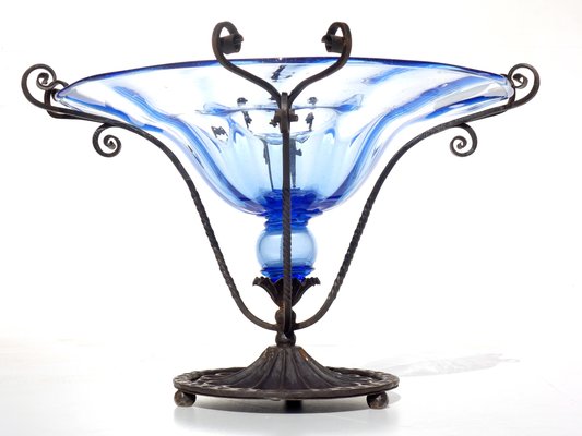 Art Nouveau Blue Murano Glass Wrought Iron Vase by Cappellin Bellotto, 1900s-KGD-1298505