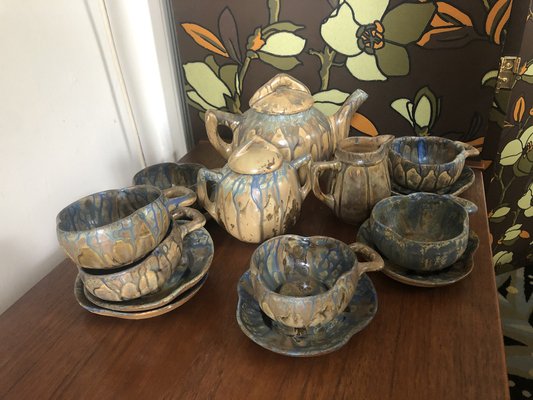 Art Nouveau Blue Running Glaze Tea Service, Set of 9-LXP-1353088