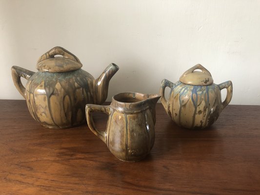 Art Nouveau Blue Running Glaze Tea Service, Set of 9-LXP-1353088