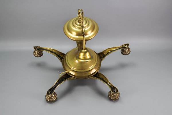 Art Nouveau Brass and Bronze Five-Light Chandelier with Frosted Glass Shades-KEG-1122996