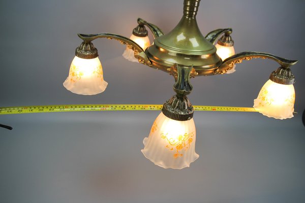 Art Nouveau Brass and Bronze Five-Light Chandelier with Frosted Glass Shades-KEG-1122996