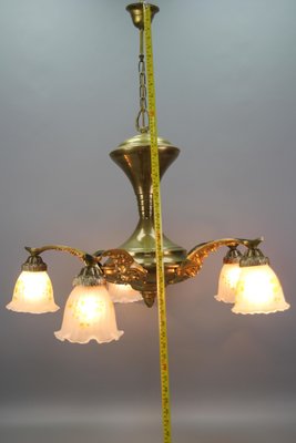 Art Nouveau Brass and Bronze Five-Light Chandelier with Frosted Glass Shades-KEG-1122996