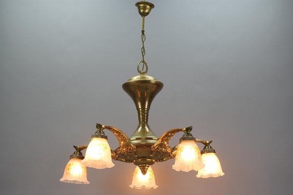 Art Nouveau Brass and Bronze Five-Light Chandelier with Frosted Glass Shades-KEG-1122996