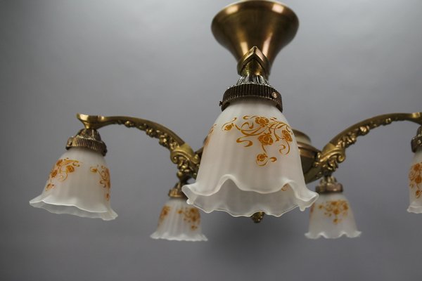 Art Nouveau Brass and Bronze Five-Light Chandelier with Frosted Glass Shades-KEG-1122996