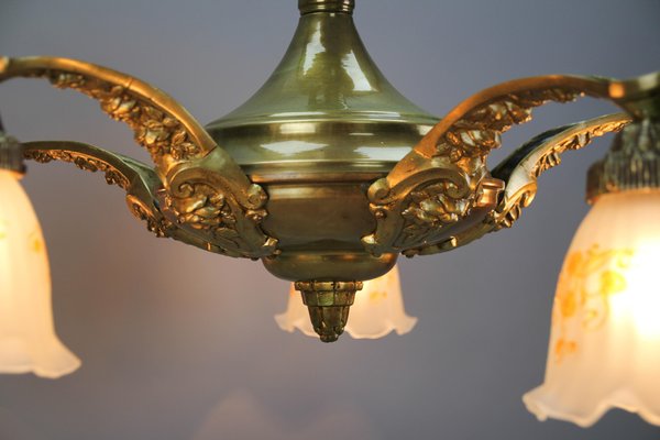 Art Nouveau Brass and Bronze Five-Light Chandelier with Frosted Glass Shades-KEG-1122996