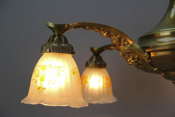 Art Nouveau Brass and Bronze Five-Light Chandelier with Frosted Glass Shades-KEG-1122996