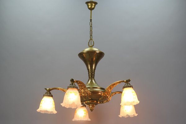 Art Nouveau Brass and Bronze Five-Light Chandelier with Frosted Glass Shades-KEG-1122996