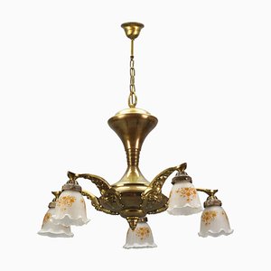 Art Nouveau Brass and Bronze Five-Light Chandelier with Frosted Glass Shades-KEG-1122996