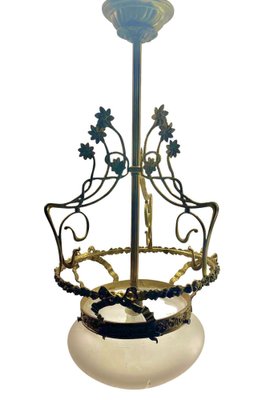 Art Nouveau Brass Chandelier with Floral Decorations, 1930s-MJY-1743410