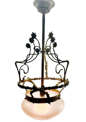 Art Nouveau Brass Chandelier with Floral Decorations, 1930s-MJY-1743410