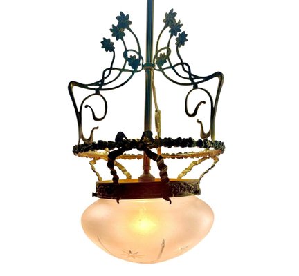 Art Nouveau Brass Chandelier with Floral Decorations, 1930s-MJY-1743410