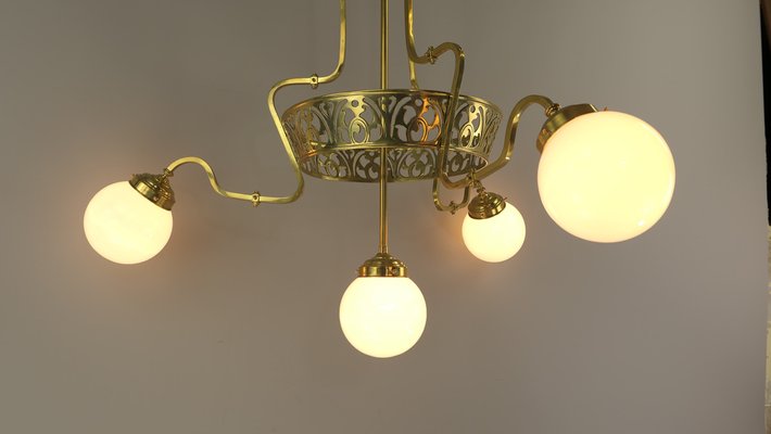 Art Nouveau Brass Chandelier with Four Light Sources from Bavaria, Germany, 1910s-KDB-1821284