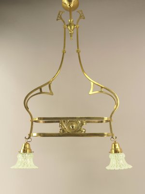 Art Nouveau Brass Chandelier with Vaseline Glass Lampshades, England, 1910s-KDB-1746476