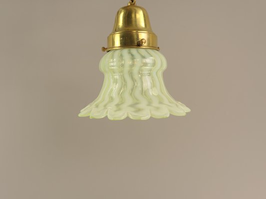 Art Nouveau Brass Chandelier with Vaseline Glass Lampshades, England, 1910s-KDB-1746476