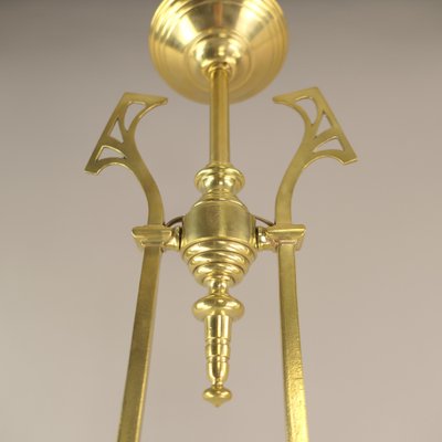 Art Nouveau Brass Chandelier with Vaseline Glass Lampshades, England, 1910s-KDB-1746476