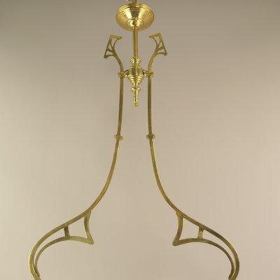 Art Nouveau Brass Chandelier with Vaseline Glass Lampshades, England, 1910s-KDB-1746476