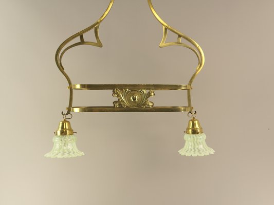 Art Nouveau Brass Chandelier with Vaseline Glass Lampshades, England, 1910s-KDB-1746476