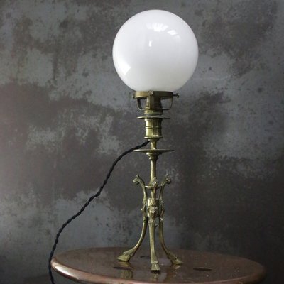 Art Nouveau Brass Opaline Glass Table Desk Lamp, 1920s-BLS-2025981