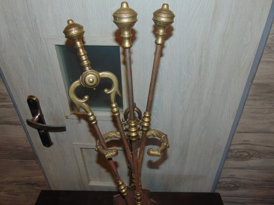 Art Nouveau Brass Stove and Fireplace Tools, Set of 4-CAQ-1005560