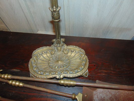 Art Nouveau Brass Stove and Fireplace Tools, Set of 4-CAQ-1005560